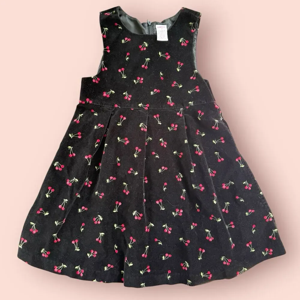 Y2K Vtg Gymboree Velvet Cherry Jumper Dress 2002 Christmas Black Red Sz 7 Girls